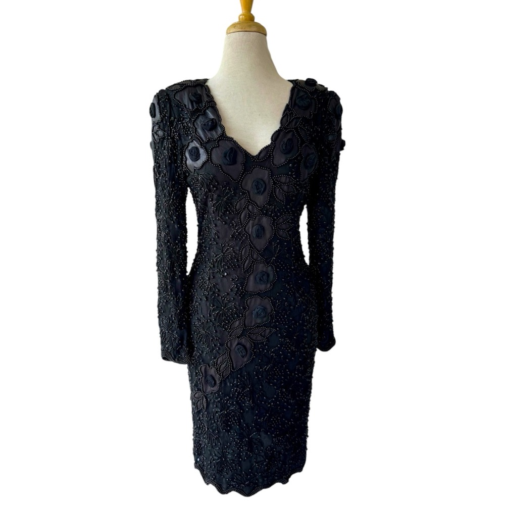 Vtg Judith Ann Creations Black Lace Leather Rosettes Beaded Gown Sz M 1980s